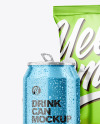 Glossy Metallic Drink Can w/ Drops and Chips Bag Mockup