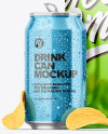 Glossy Metallic Drink Can w/ Drops and Chips Bag Mockup