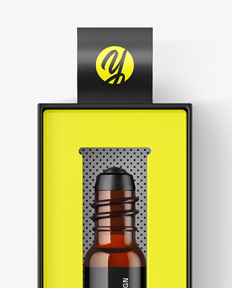 Amber Cosmetic Roller Bottle In Box Mockup Amber Cosmetic Roller Bottle In Box Mockup