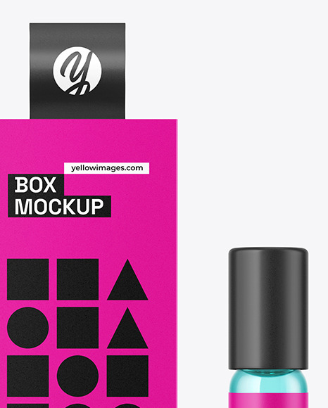 Clear Glass Cosmetic Roller Bottle w/ Box Mockup