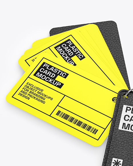 Plastic Cards Stack w/ Leather Tag Mockup