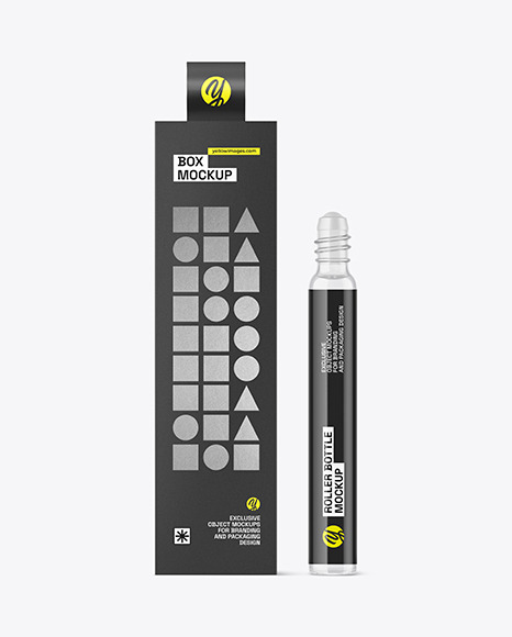 Clear Glass Cosmetic Roller Bottle w/ Box Mockup