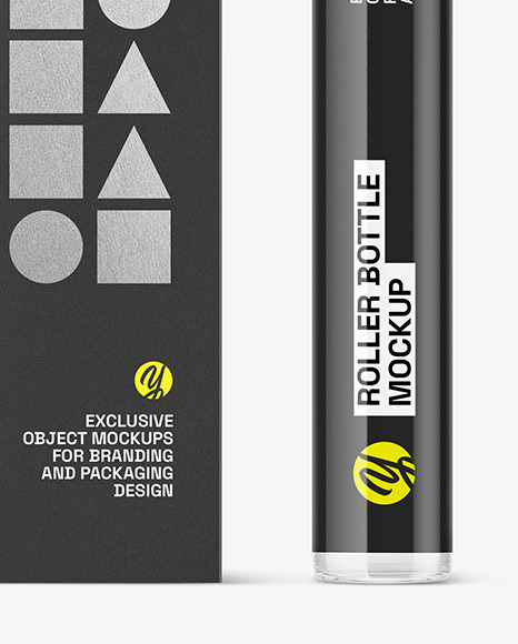 Clear Glass Cosmetic Roller Bottle w/ Box Mockup
