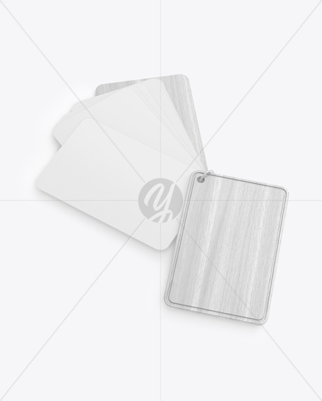 Plastic Cards Stack w/ Wooden Tag Mockup