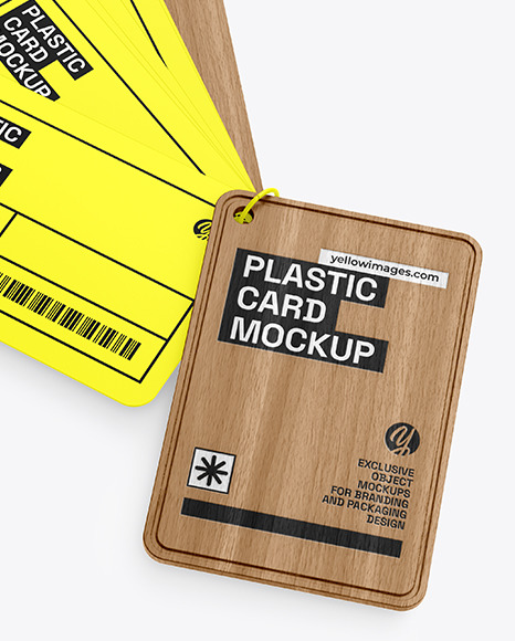 Plastic Cards Stack w/ Wooden Tag Mockup