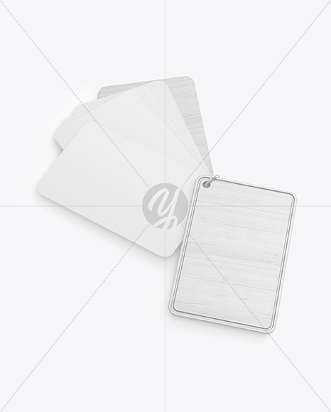 Plastic Cards Stack w/ Wooden Tag Mockup Plastic Cards Stack w/ Wooden Tag Mockup