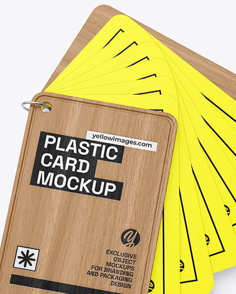 Plastic Cards Stack w/ Wooden Tag Mockup