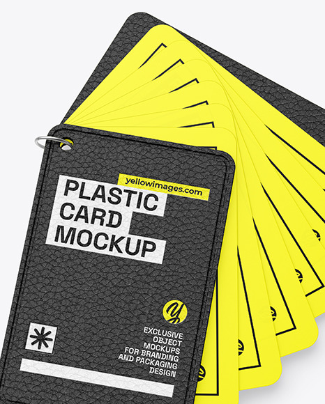 Plastic Cards Stack w/ Leather Tag Mockup