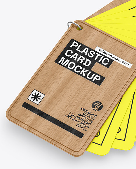 Plastic Cards Stack w/ Wooden Tag Mockup