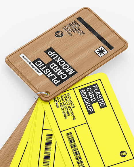 Plastic Cards Stack w/ Wooden Tag Mockup