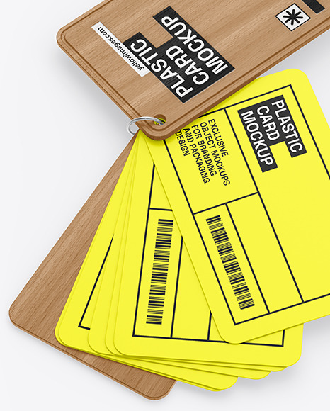 Plastic Cards Stack w/ Wooden Tag Mockup