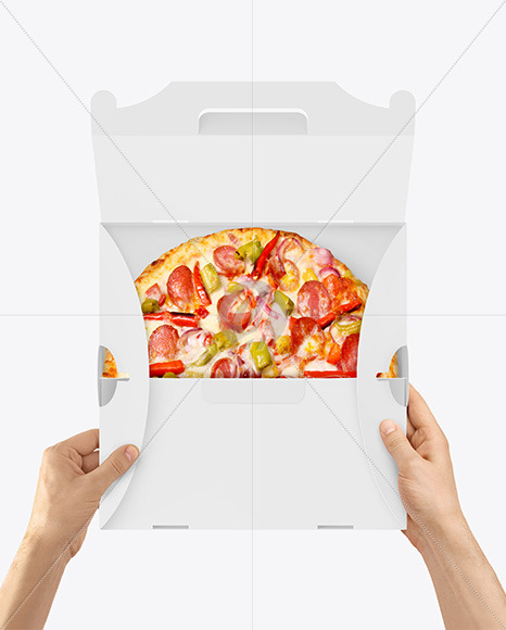 Opened Cardboard Box w/ Pizza In Hands Mockup