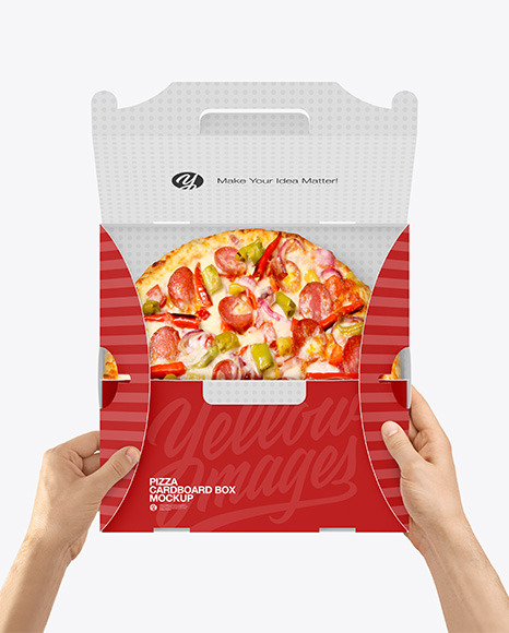 Opened Cardboard Box w/ Pizza In Hands Mockup