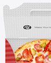 Opened Cardboard Box w/ Pizza In Hands Mockup