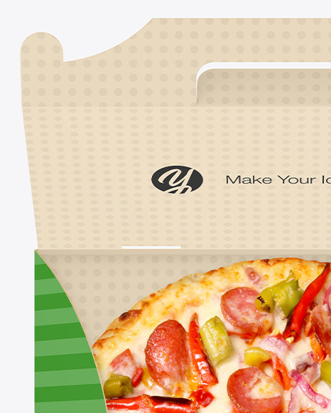 Opened Cardboard Box w/ Pizza In Hands Mockup