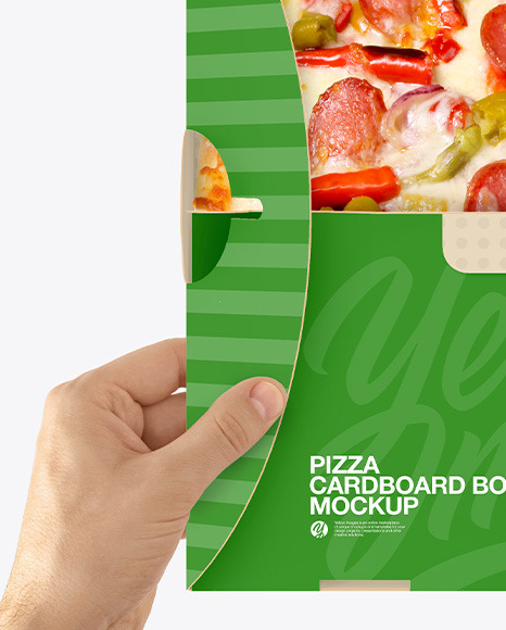 Opened Cardboard Box w/ Pizza In Hands Mockup