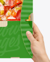 Opened Cardboard Box w/ Pizza In Hands Mockup