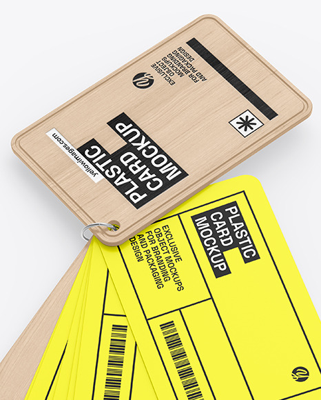 Plastic Cards Stack w/ Wooden Tag Mockup Plastic Cards Stack w/ Wooden Tag Mockup