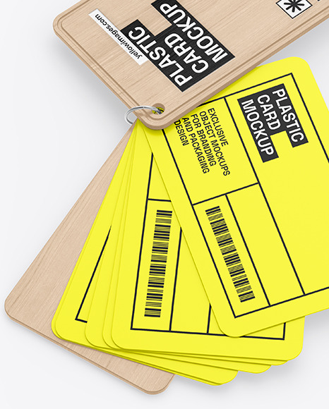 Plastic Cards Stack w/ Wooden Tag Mockup