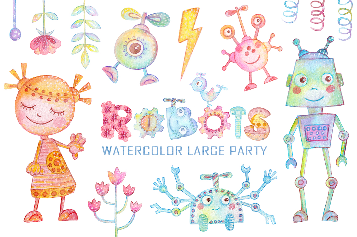 Watercolor Robots Party collection