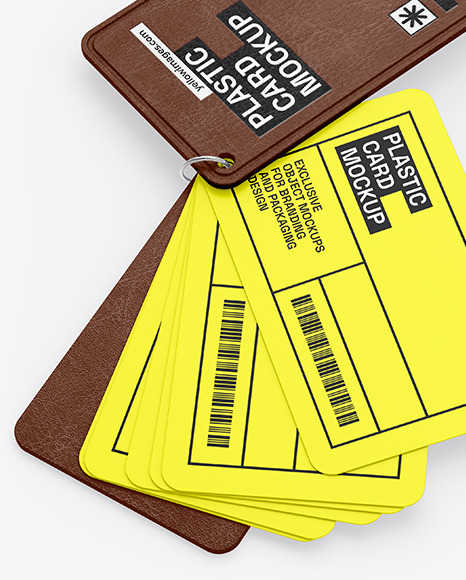 Plastic Cards Stack w/ Leather Tag Mockup