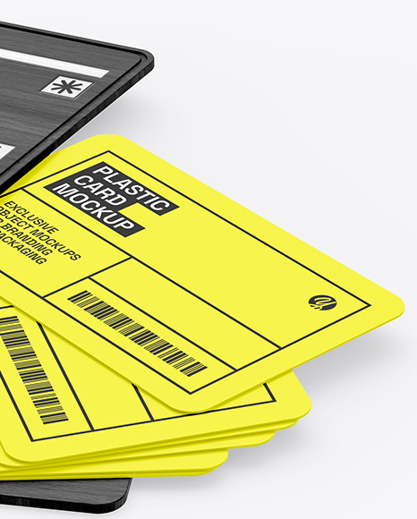 Plastic Cards Stack w/ Wooden Tag Mockup