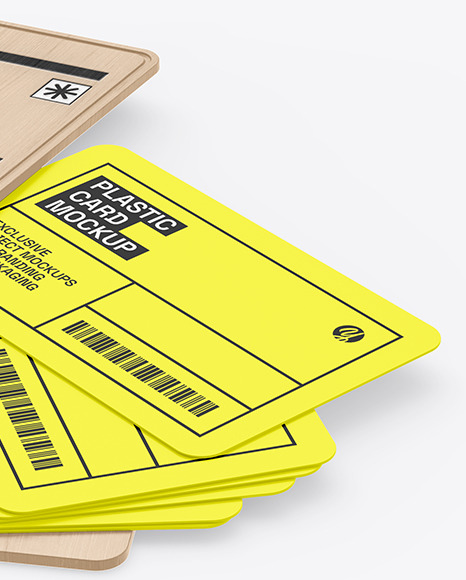 Plastic Cards Stack w/ Wooden Tag Mockup