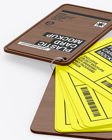 Plastic Cards Stack w/ Wooden Tag Mockup