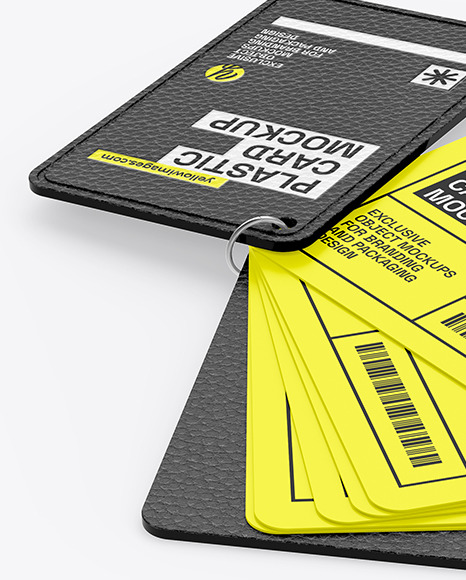 Plastic Cards Stack w/ Leather Tag Mockup