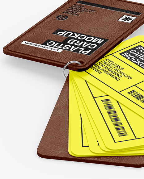 Plastic Cards Stack w/ Leather Tag Mockup