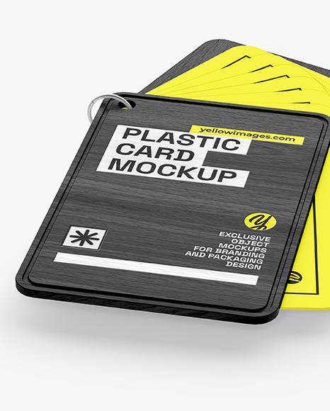 Plastic Cards Stack w/ Wooden Tag Mockup