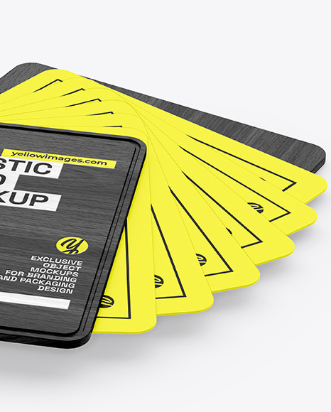 Plastic Cards Stack w/ Wooden Tag Mockup