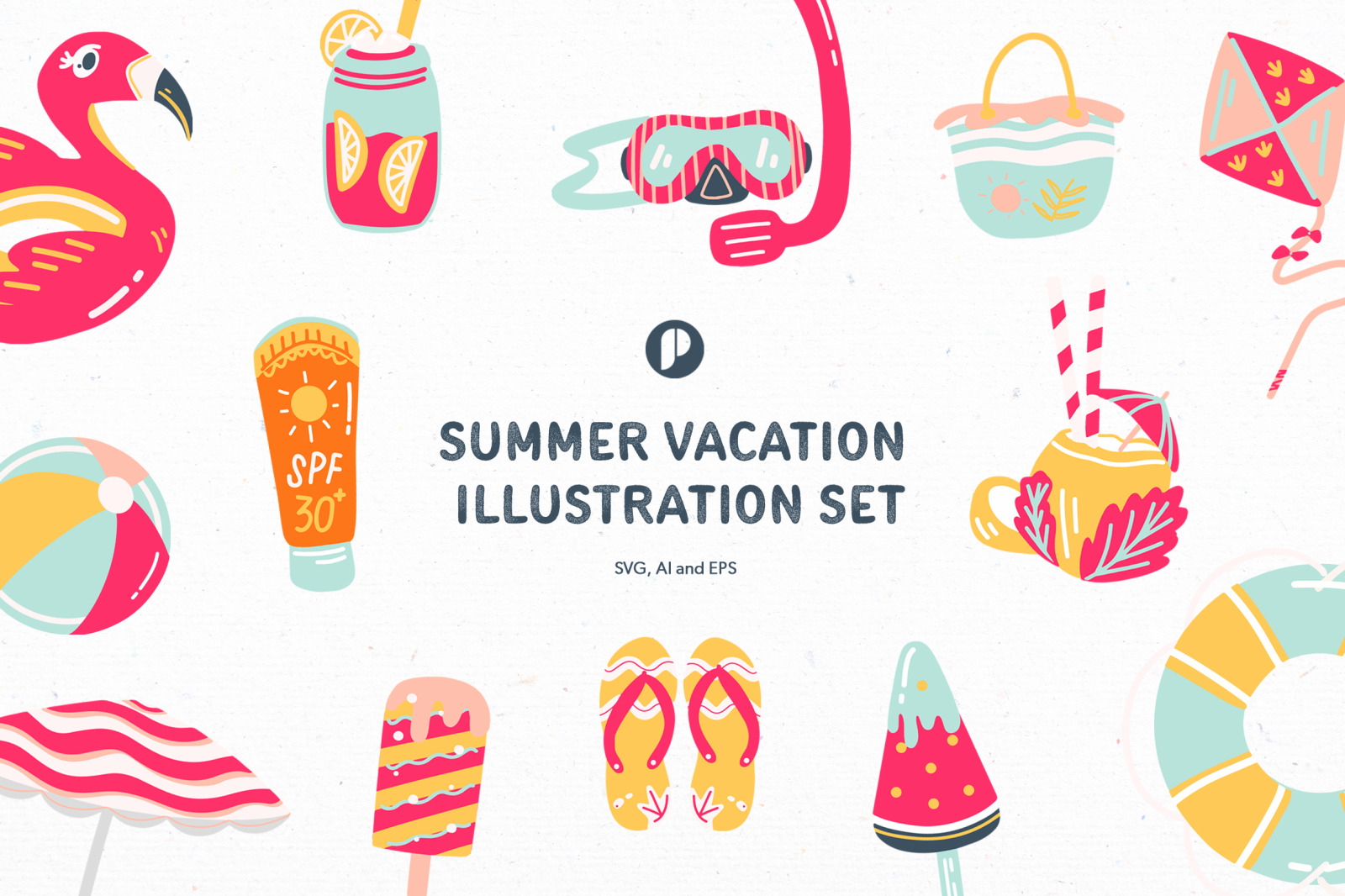 Hot Pink Bright and Cheerful Summer Vacation Illustration Set Hot Pink Bright and Cheerful Summer Vacation Illustration Set