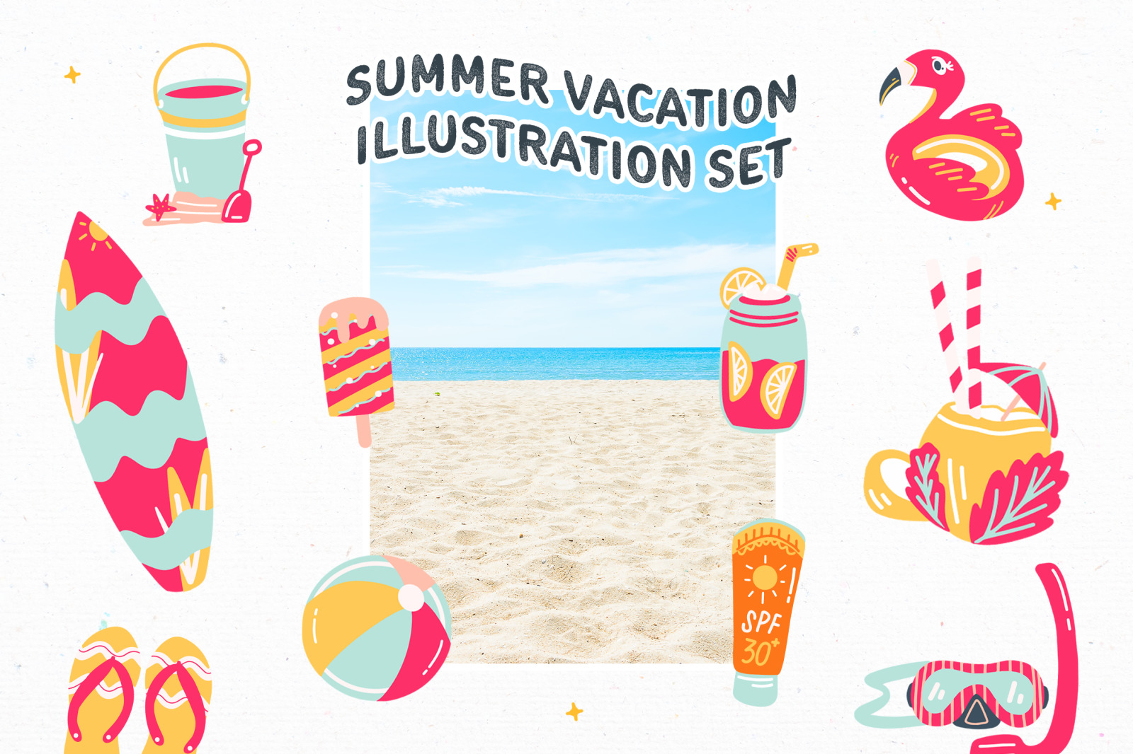 Hot Pink Bright and Cheerful Summer Vacation Illustration Set Hot Pink Bright and Cheerful Summer Vacation Illustration Set