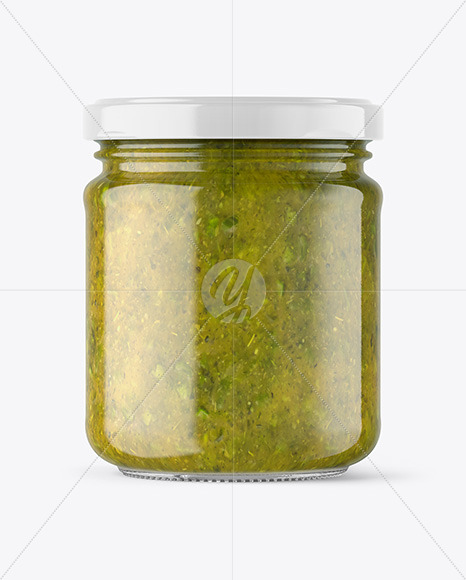 Clear Glass Jar with Spicy Herbs Sauce Mockup