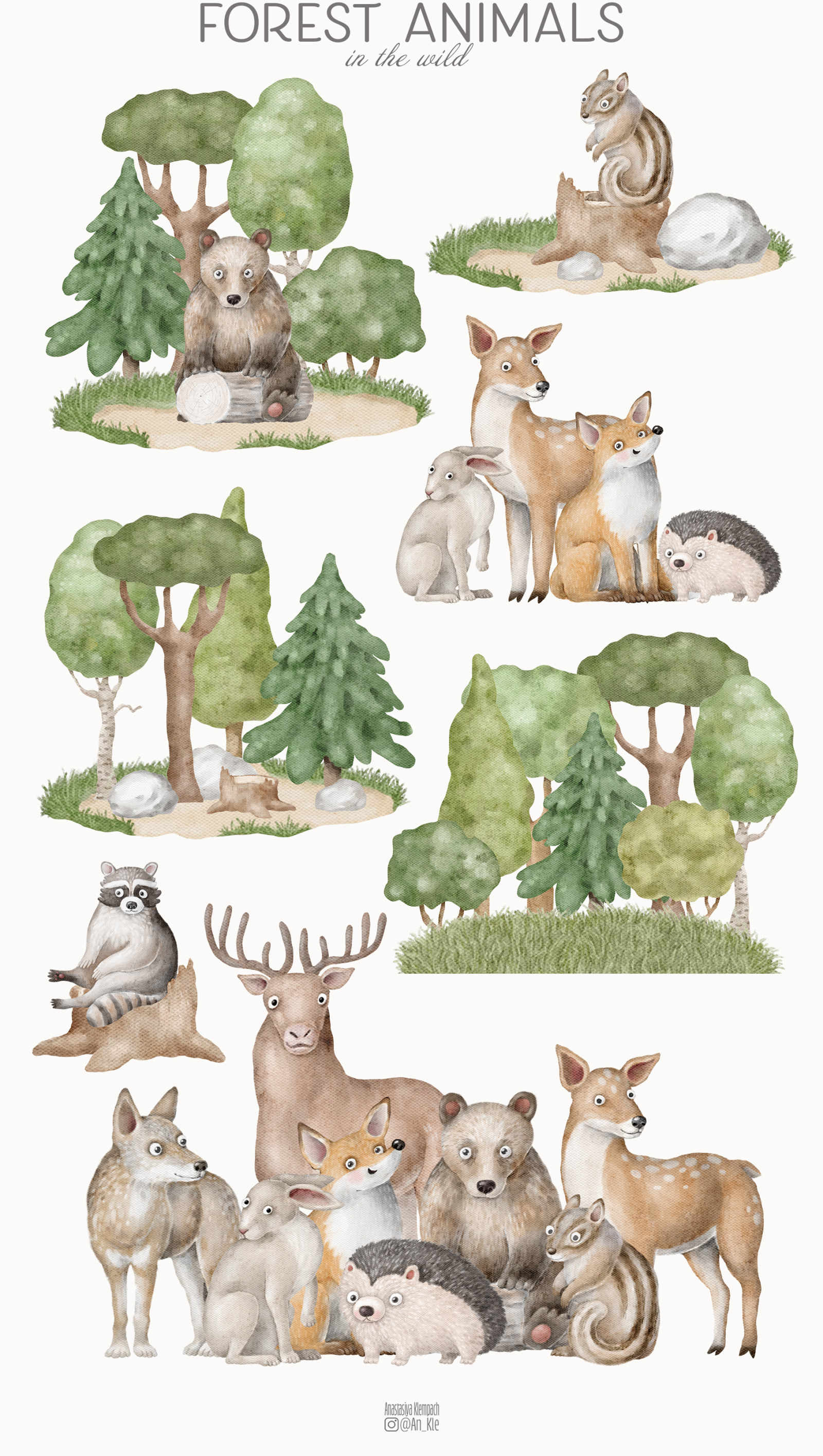 Forest animals and trees clipart