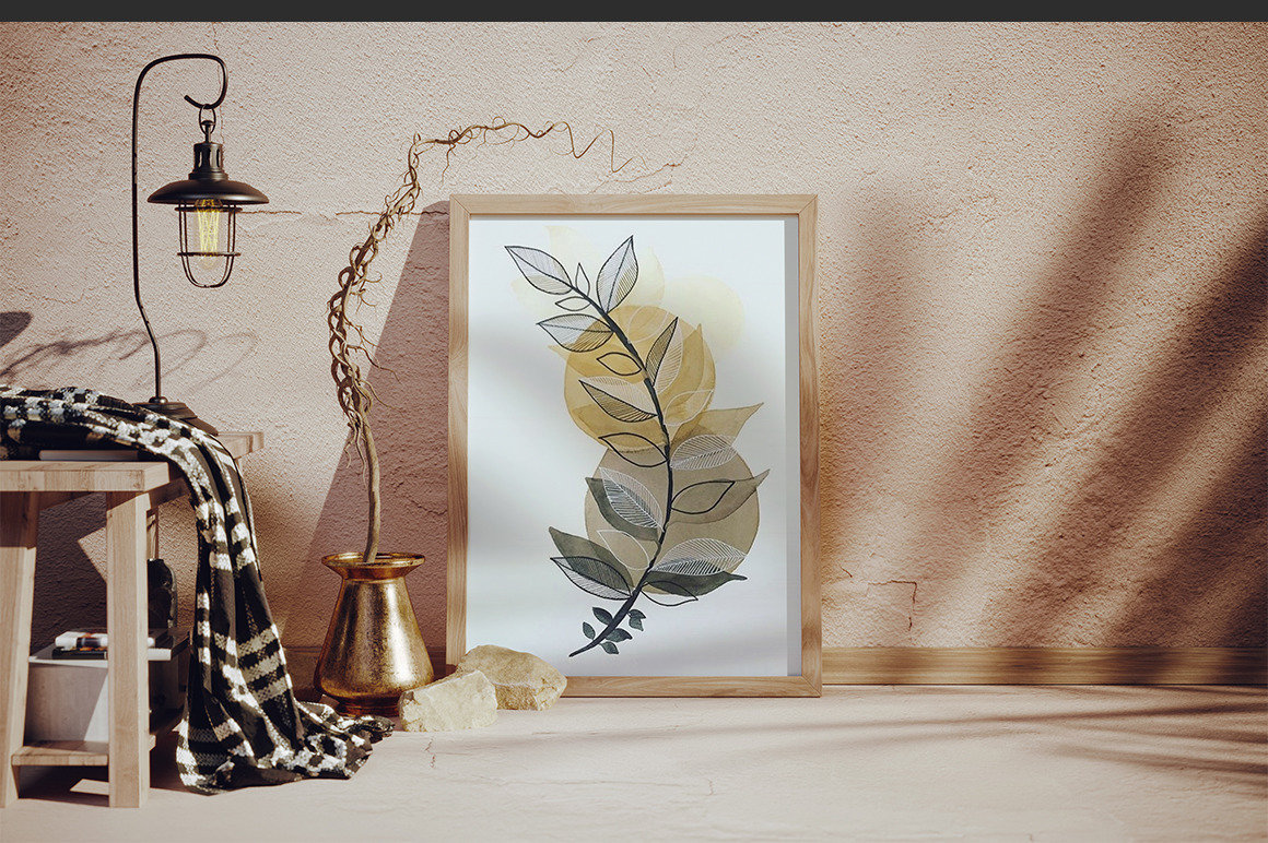 Wooden Picture Frame In Interior With Dark Shadows From Sunlight Mockup Wooden Picture Frame In Interior With Dark Shadows From Sunlight Mockup