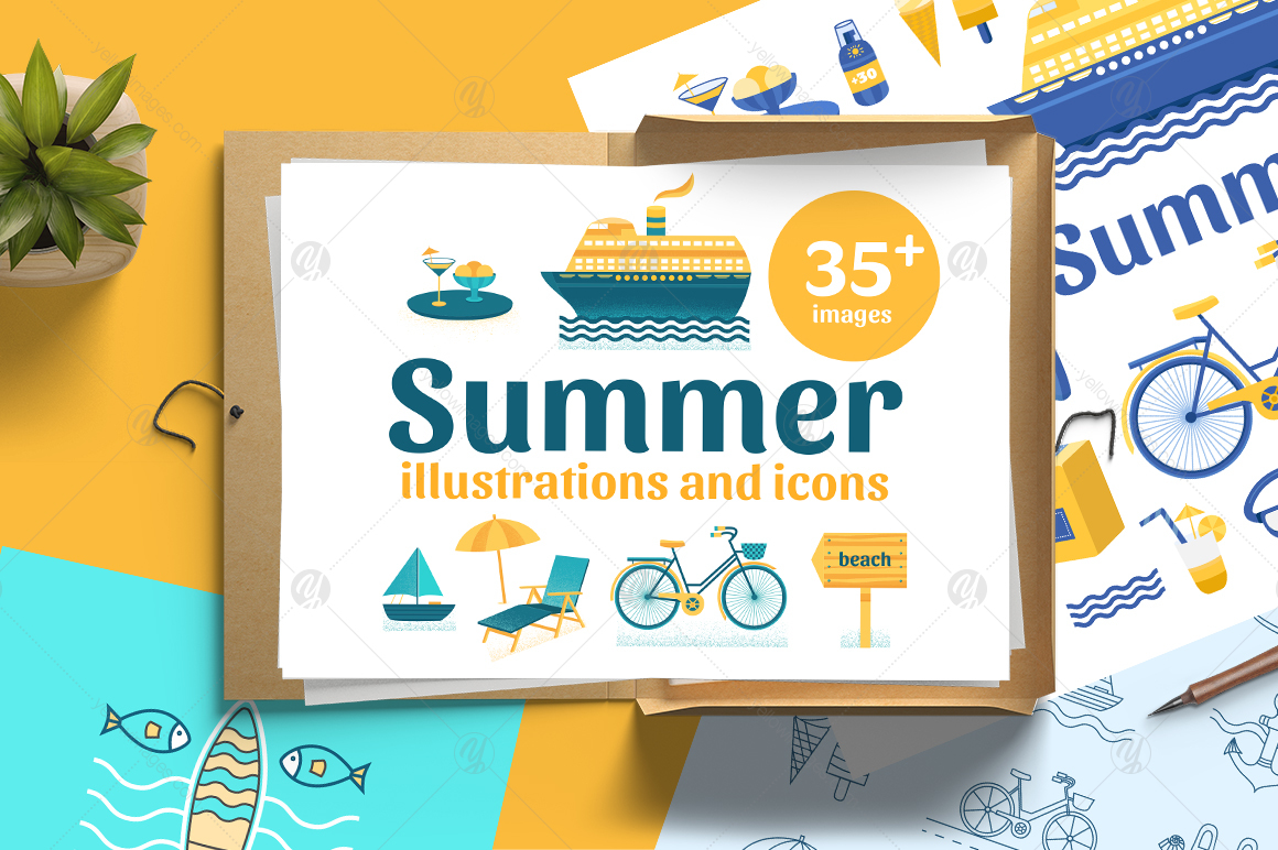 Summer illustrations and line icons Summer illustrations and line icons