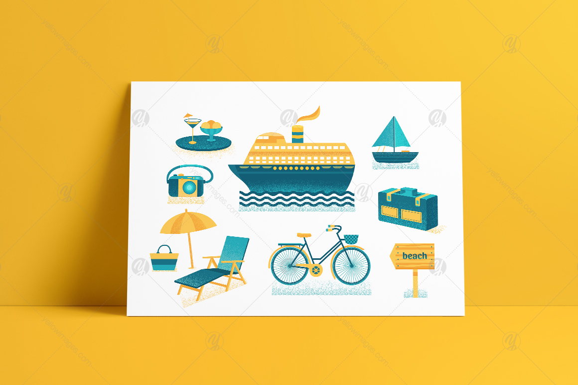 Summer illustrations and line icons