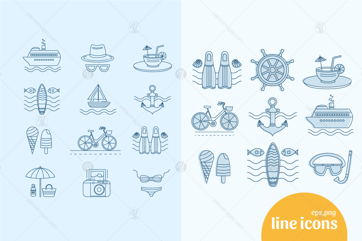 Summer illustrations and line icons