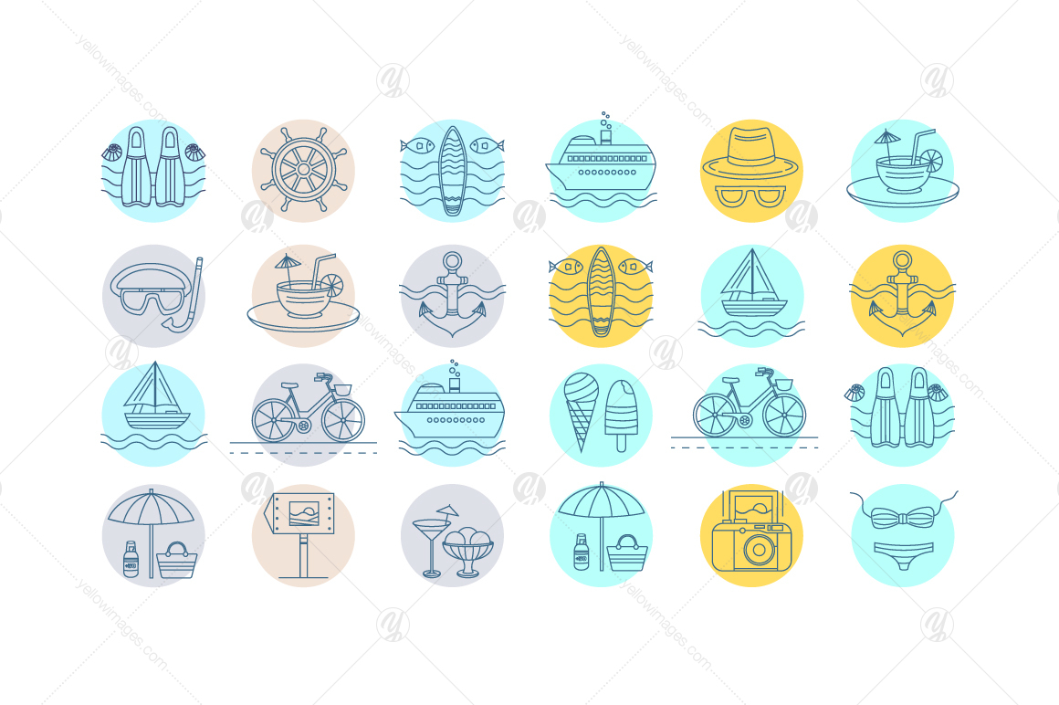 Summer illustrations and line icons