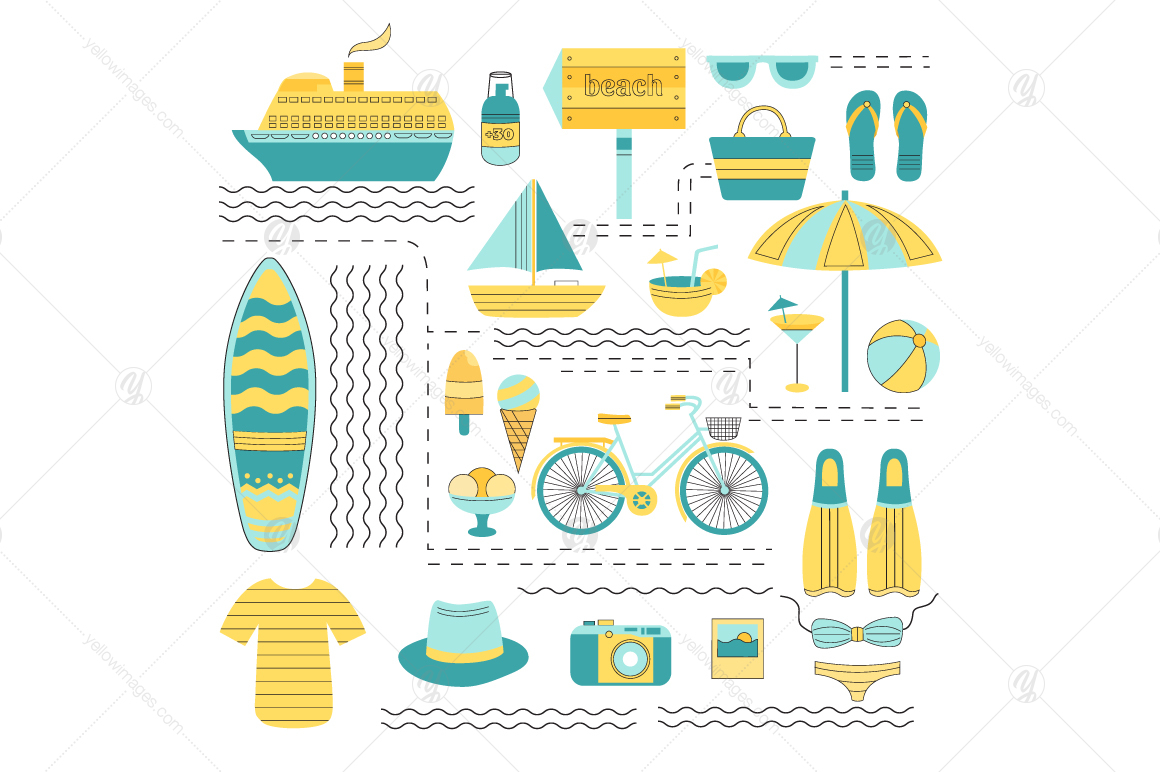 Summer illustrations and line icons