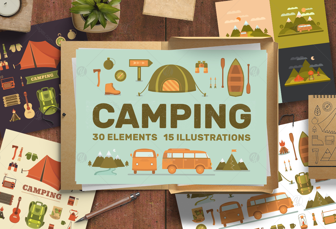 Camping illustrations and elements. Illustrations, icons, line elements.