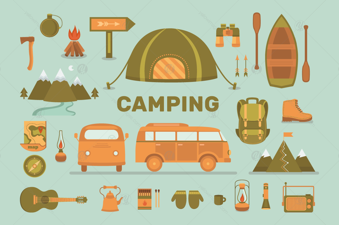 Camping illustrations and elements. Illustrations, icons, line elements.