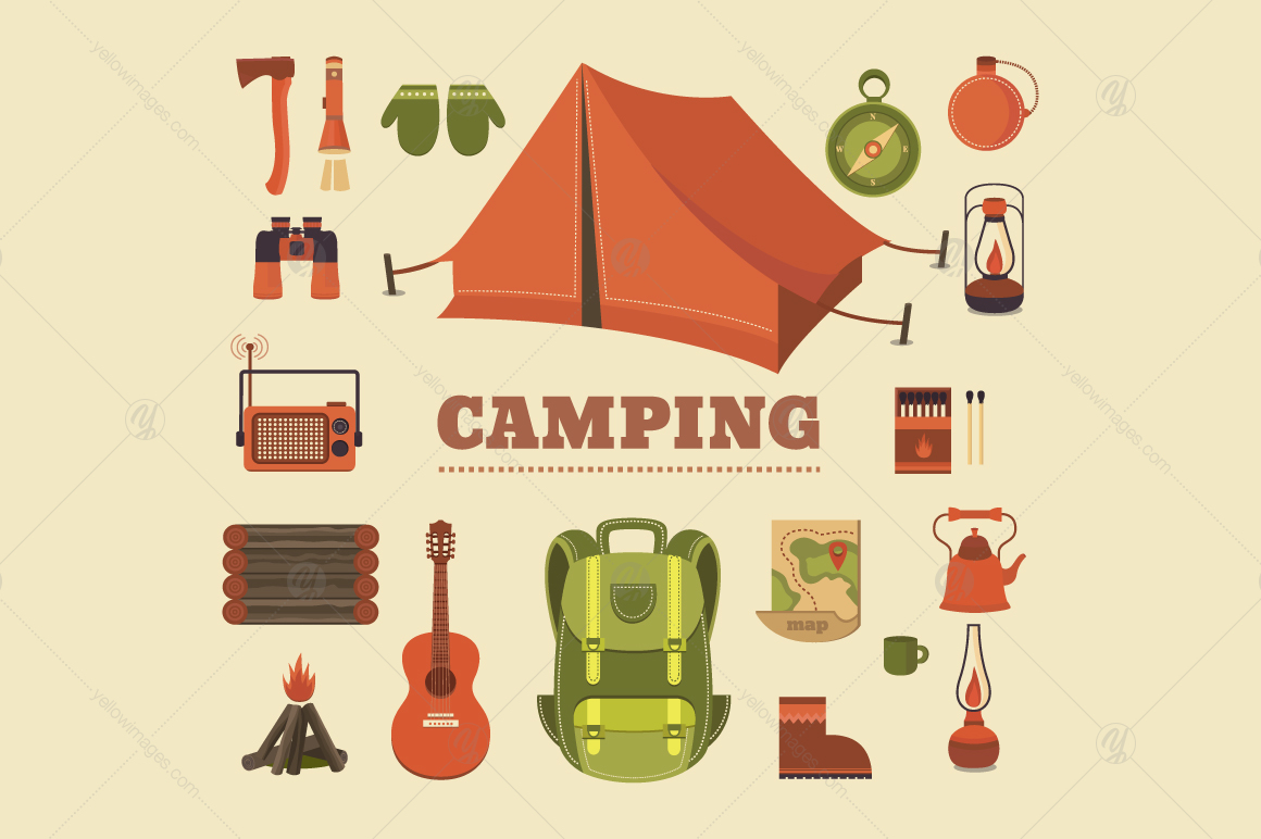 Camping illustrations and elements. Illustrations, icons, line elements.