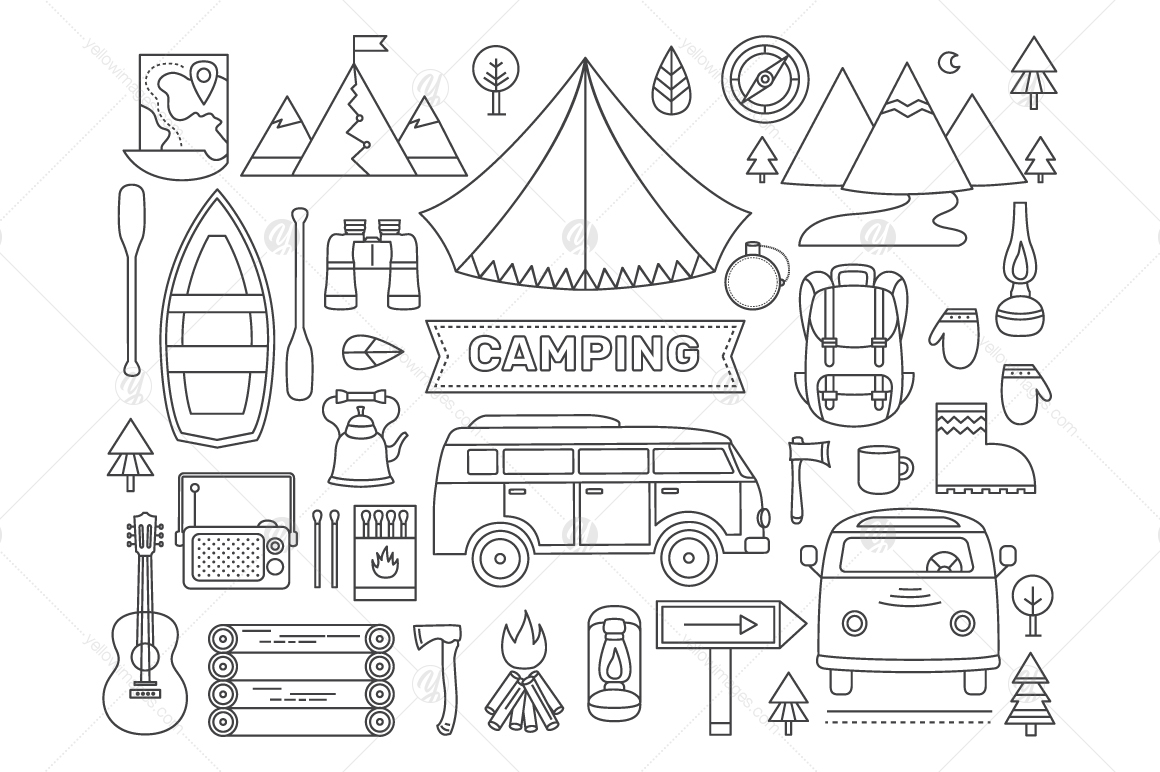 Camping illustrations and elements. Illustrations, icons, line elements. Camping illustrations and elements. Illustrations, icons, line elements.