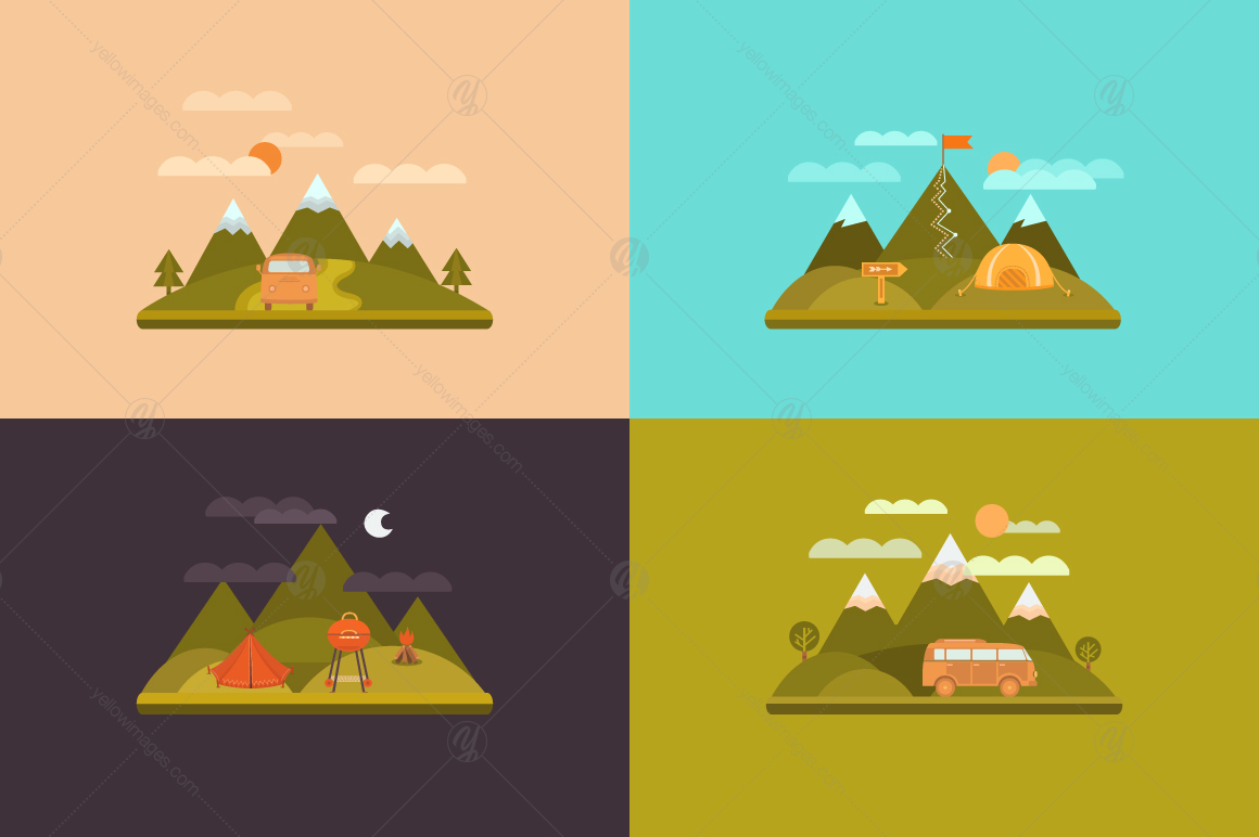 Camping illustrations and elements. Illustrations, icons, line elements.