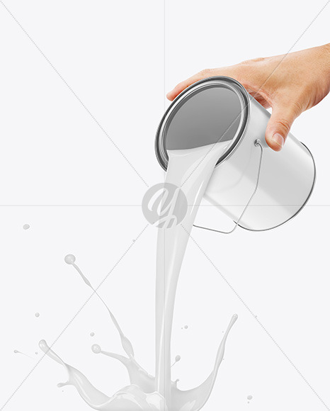 Glossy Paint Bucket in a Hand W/ Splash Mockup