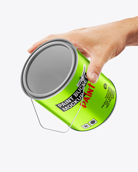 Matte Metallic Paint Bucket in a Hand W/ Splash Mockup