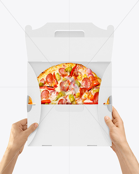 Opened Kraft Box w/ Pizza In Hands Mockup